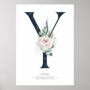 Poster Lettre Y Monogramme Fleurs blanches et verdure
