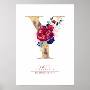 Poster Lettre Y Monogramme Floral Marine Bleu et Bourgogn