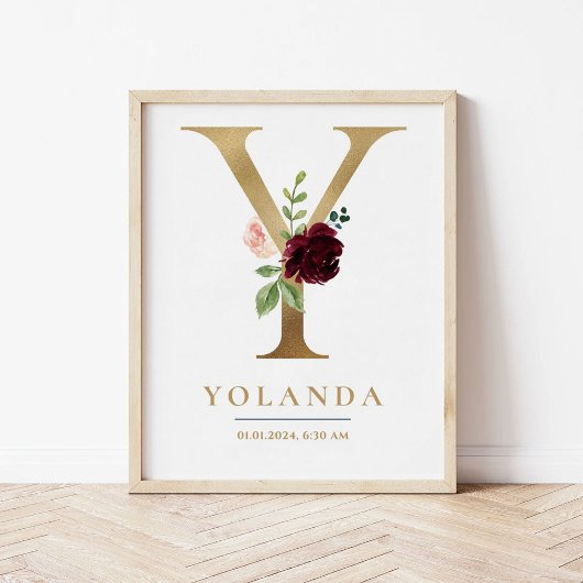 Poster Lettre Y Nom du monogramme Marsala Floral Nursery