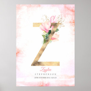 Poster LETTRE Z Feuilles d'or Monogramme rose Magnolia Fl