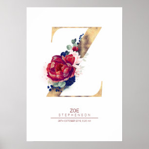Poster Lettre Z Monogramme Floral Marine Bleu et Bourgogn