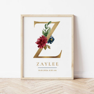 Poster Lettre Z Nom du monogramme Marsala Floral Nursery