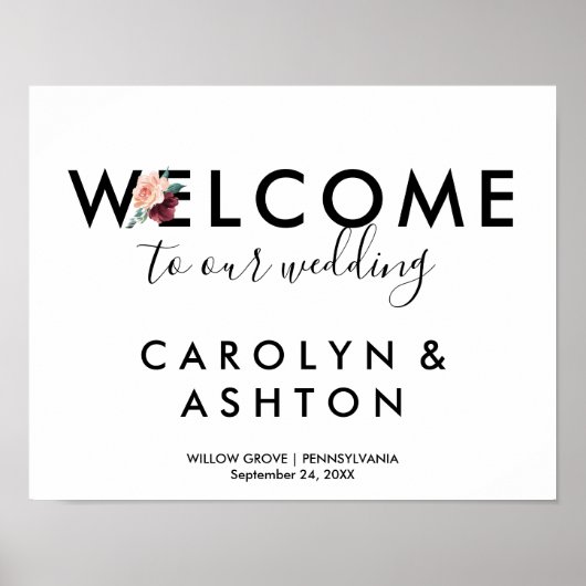 Poster Lettres de fleurs | Mariage de bienvenue Maroon (Devant)