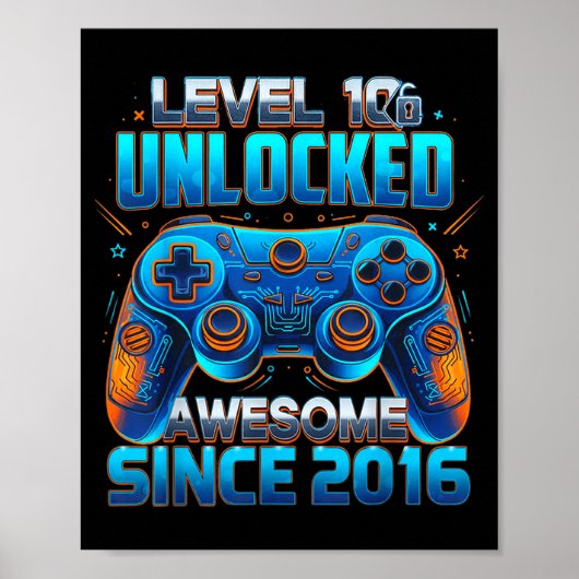 Poster Level 10 Unlocked Awesome Since 2016 10th Birthday (Devant)