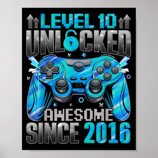Poster Level 10 Unlocked Awesome Since 2016 10th Birthday (Devant)