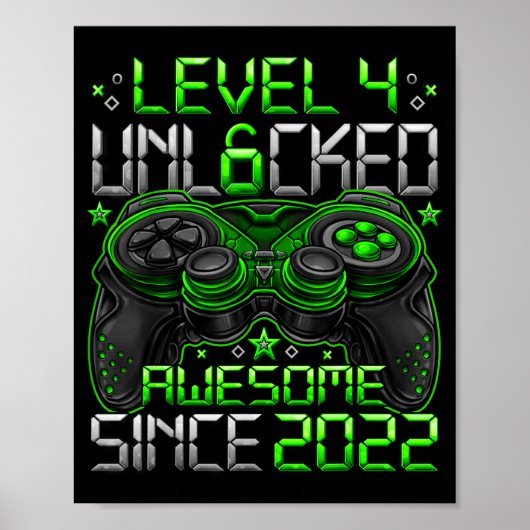 Poster Level 4 Unlocked 4 Year Old Boys 4th Birthday Boy (Devant)