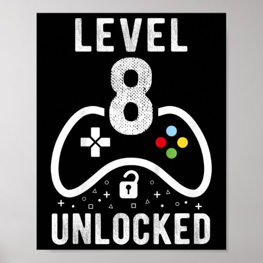 Poster Level 8 Unlocked Video Game 8th Birthday Gift  (Devant)