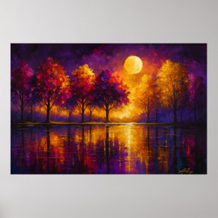 Poster Lever de Lune Vibrant sur des Arbres Colorés Abstr