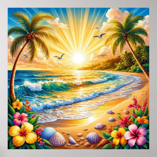 Poster Lever de soleil de plage tropicale avec palmiers, 