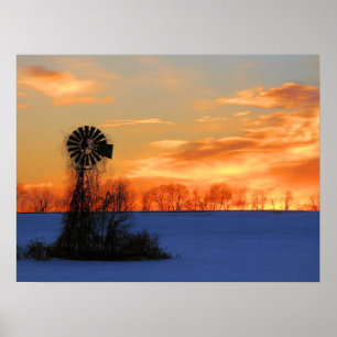 Poster Lever de soleil du matin avec moulin à vent en hiv
