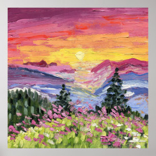 Poster Lever de soleil en montagne avec des fleurs sauvag