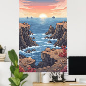 Poster Lever de soleil pixelisé au-dessus de l'océan avec (Bureau à domicile)