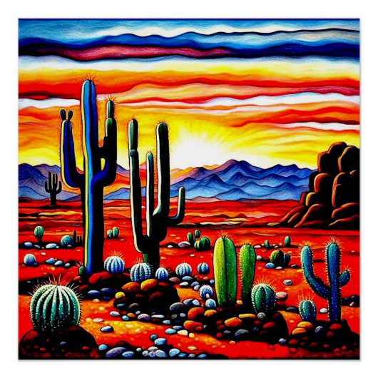 Poster Lever de soleil rouge dans le désert (Devant)