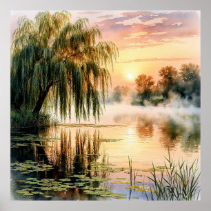 Poster Lever de soleil serein sur le lac avec saule
