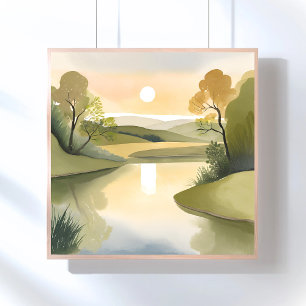 Poster Lever de soleil sur la rivière Aquarelle Jaune