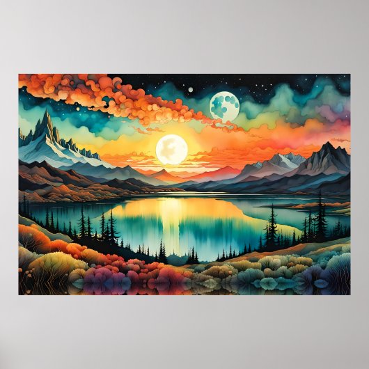 Poster Lever de soleil sur le lac Mountain lorsque la lun (Devant)