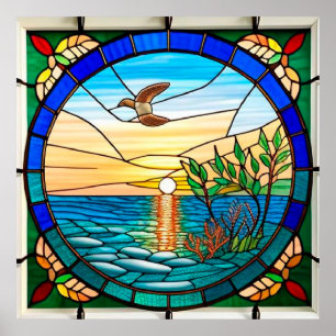 Poster Lever de soleil sur l'océan avec oiseau en vol
