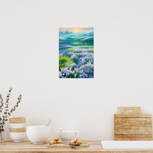 Poster Lever de soleil sur une vallée de fleurs blanches (Cuisine)