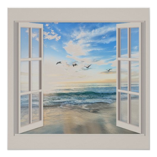 Poster Lever du soleil du bord de mer à travers la Fenêtr (Devant)