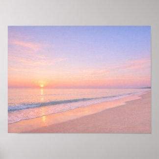 Poster Lever du soleil rose pastel de rêve sur la plage c
