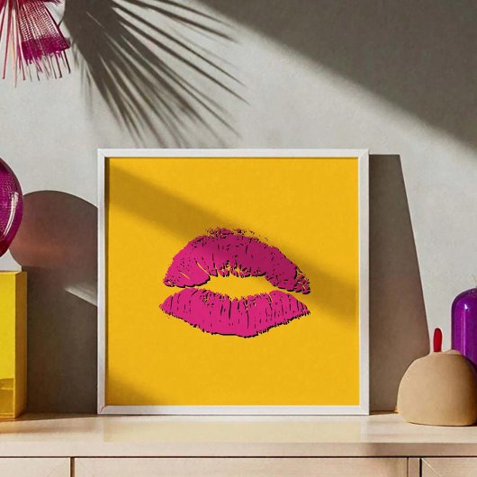 Poster Lèvres qui s'embrassent jaune et rose vif