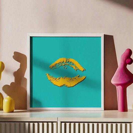 Poster Lèvres qui s'embrassent turquoise et jaune