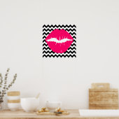 Poster Lèvres rose vif sur Zigzag noir et blanc (Cuisine)