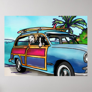 Poster Lévriers dans un Woody à la plage