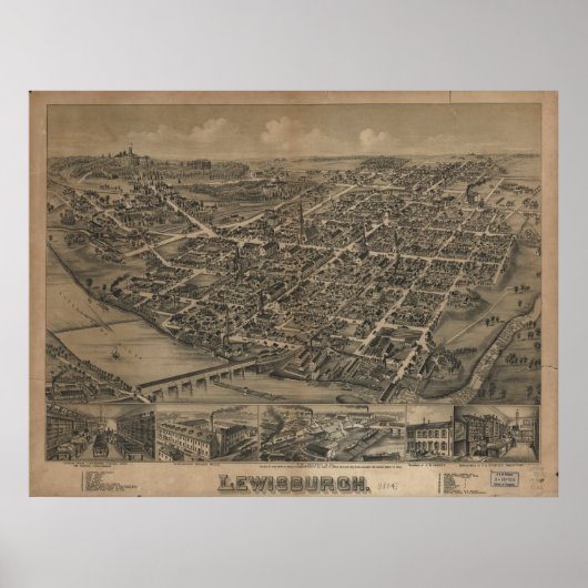Poster Lewisburg Pennsylvanie 1884 Carte panoramique anti (Devant)