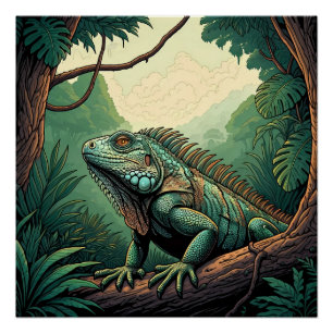 Poster Lézard iguane dans un cadre de jungle tropicale