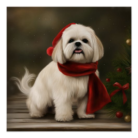 Poster Lhasa Apso dans la neige de Noël (Devant)