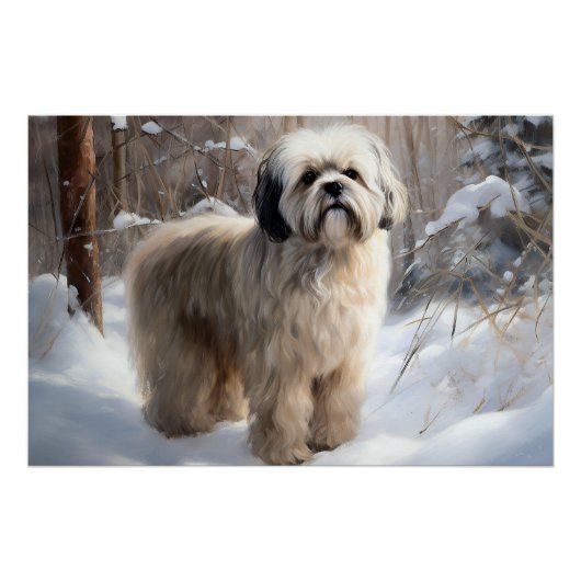 Poster Lhassa Apso Laisse Neige Noël (Devant)