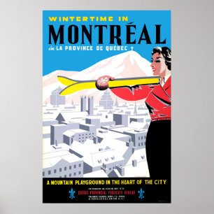 Poster L'hiver à Montréal, femme avec équipement de ski