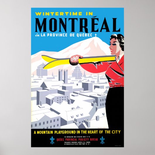 Poster L'hiver à Montréal, femme avec équipement de ski (Devant)