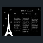 Poster L'hiver à Paris<br><div class="desc">Une tour Eiffel haute, élégante et majestueuse, et des flocons de neige étincelants, mouchetés de cristaux illustrés de photos, accentuent ce tableau de sièges. Ce graphique fait partie d'une ligne de mariage complète et s'harmonise parfaitement avec la ligne de mariage de Flambeau de neige d'hiver; cependant, si des articles supplémentaires...</div>