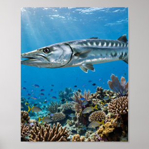 Poster L'homme de Floride Barracuda Récif de Corail Pêche