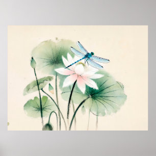 Poster Libellule à l'encre chinoise sur lotus