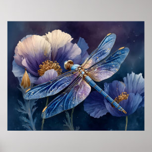 Poster Libellule bleue aux ailes dorées