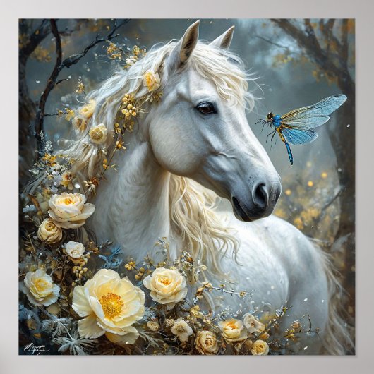Poster Libellule Cheval Blanc Et Rêve De Roses Blanches (Devant)