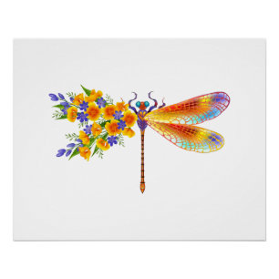 Poster libellule de fleurs jaunes