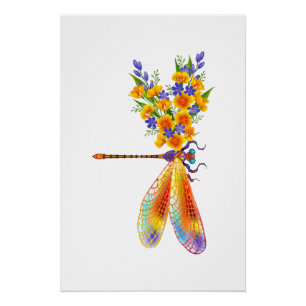 Poster libellule de fleurs jaunes
