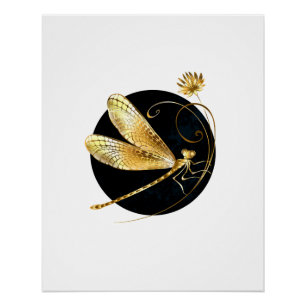 Poster libellule d'or en cercle noir