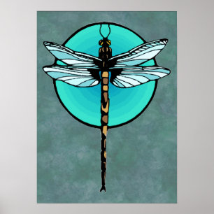Poster Libellule en cercle de turquoise