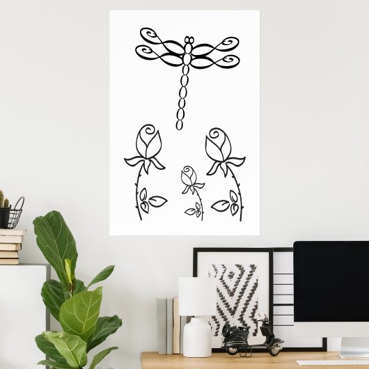 Poster Libellule Infinity avec Roses Noir et Blanc (Bureau à domicile)