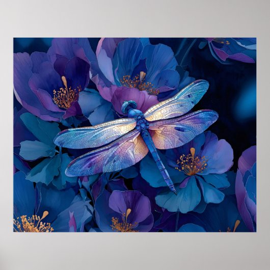Poster Libellule iridescente Fleurs colorées (Devant)