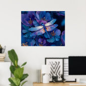 Poster Libellule iridescente Fleurs colorées (Bureau à domicile)