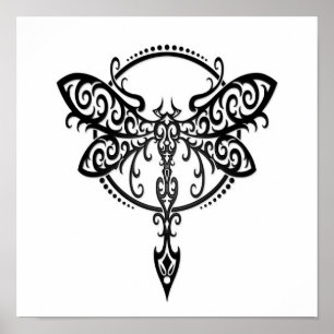 Poster Libellule noire de tourbillonnement sur le blanc