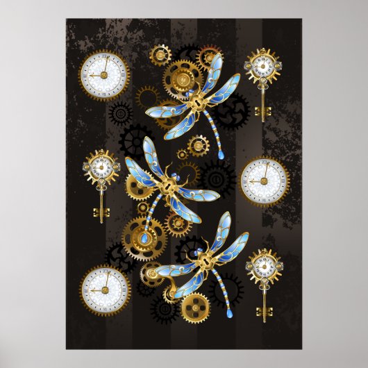 Poster Libellules Steampunk sur fond brun rayé (Devant)