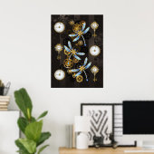 Poster Libellules Steampunk sur fond brun rayé (Bureau à domicile)