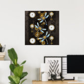 Poster Libellules Steampunk sur fond brun rayé (Bureau à domicile)